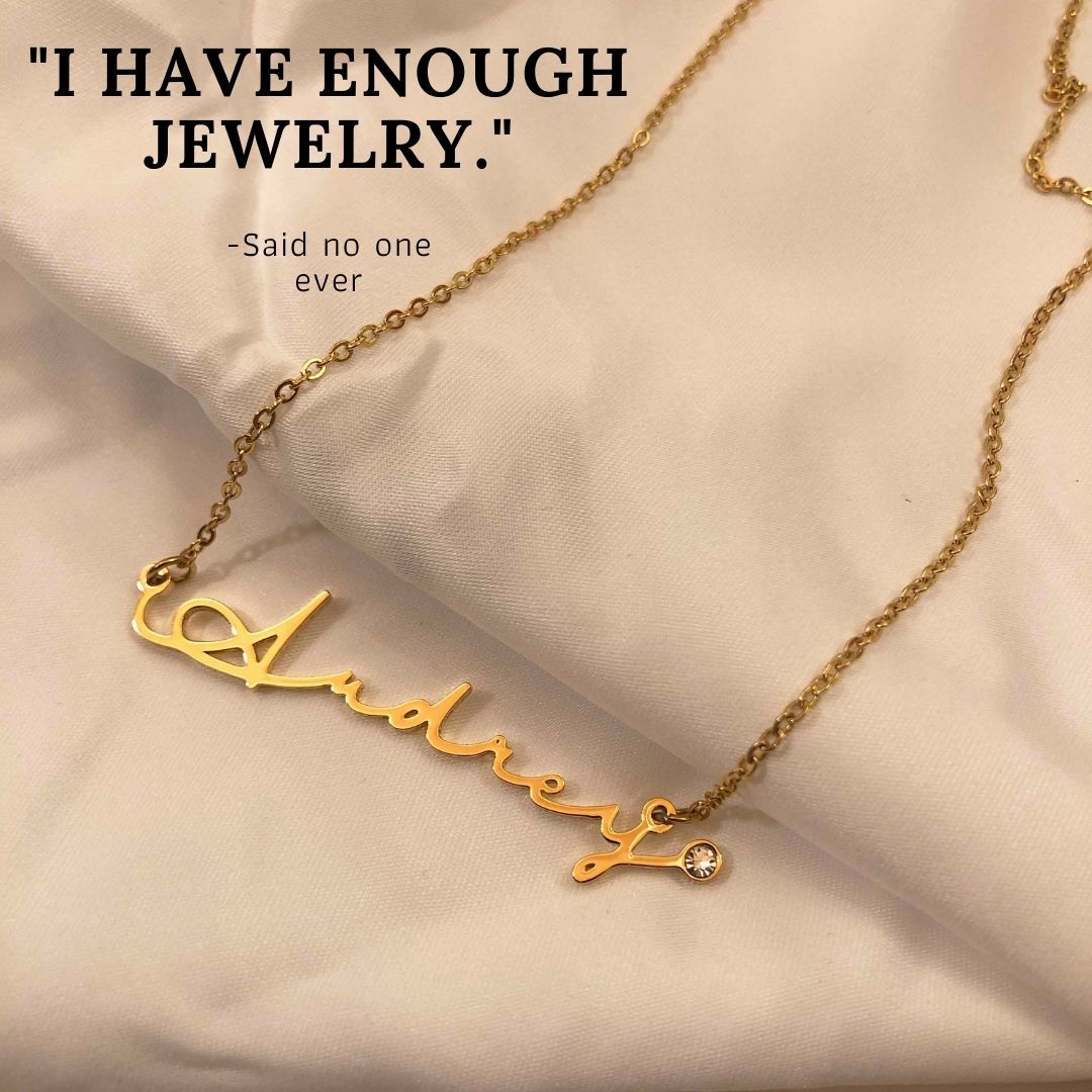 Personalized name necklace form kenzella jewelry. The necklace is a gold name necklace with a diamond at the end